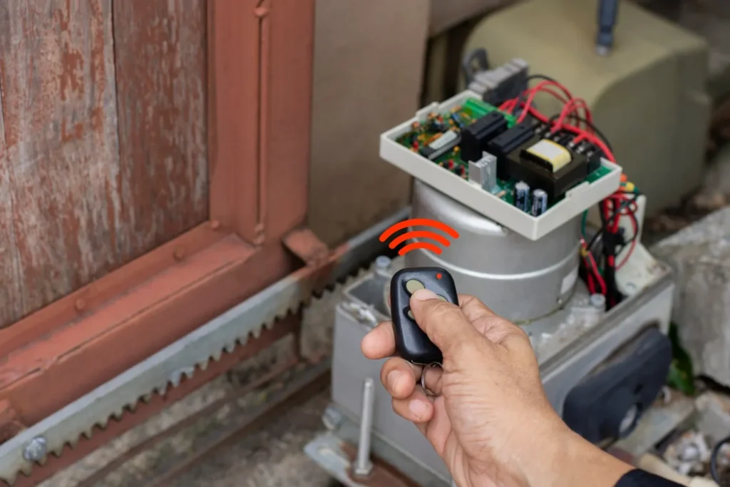 Hand using remote to test gate.