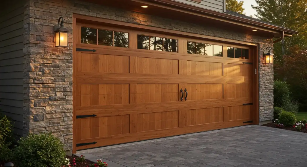 Exterior view of a large, wood-grain carriage house style garage door with black decorative hinges and handles, set in a stone-clad garage with glowing lanterns on either side during twilight.