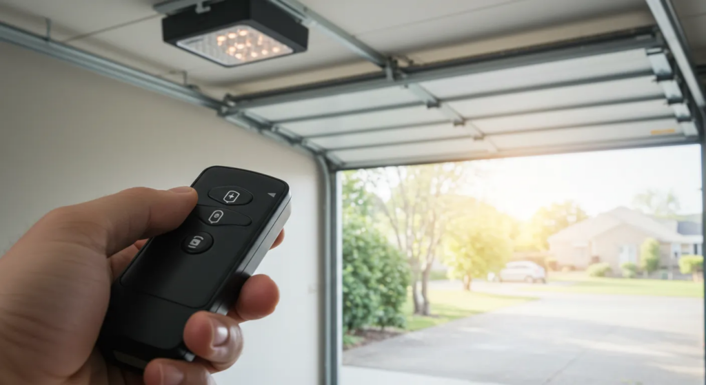 A first-person perspective of a hand holding a black garage door remote with three buttons. In the background, a white sectional garage door is open, revealing a sunlit suburban driveway and neighborhood.