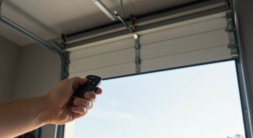 A hand presses a button on a small black remote control to operate a white sectional garage door, which is partially open to reveal a clear blue sky outside.
