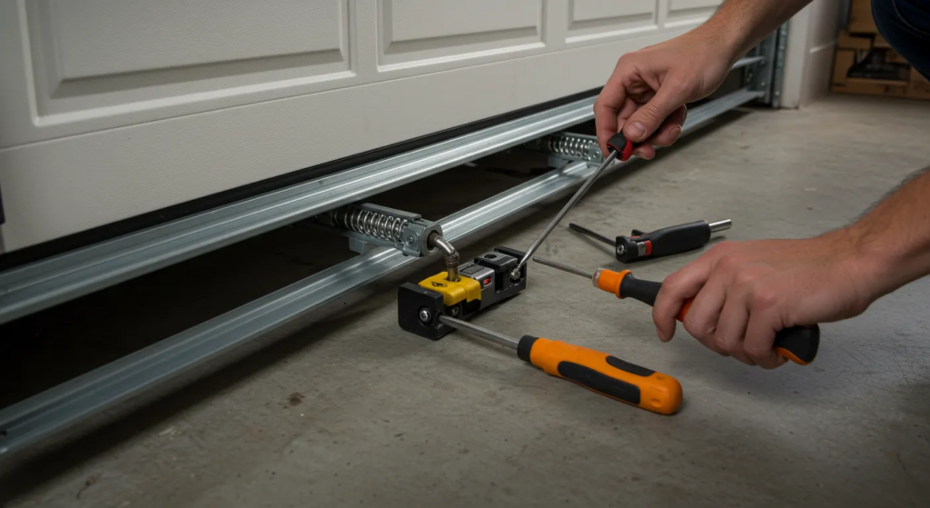 A close-up view shows a person's hands using multiple screwdrivers to adjust a specialized metal spring and latch mechanism located on the floor track of a white sectional garage door.